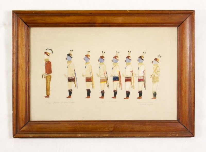 Navajo "Yebechai Dancers", Begay: In the style of Harrison Begay (American Indian Navajo Tribe/ Arizona, 1914-2012). "Yebechai Dancers", watercolor and gouache on paper, signed lower right "Nahkaidaenz Begay, Red Rock Arizona.". Paint