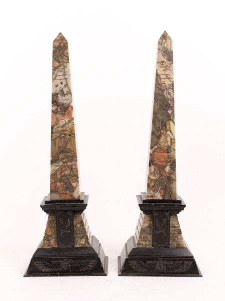 Pair of French Egyptian Revival Marble Obelisks: French, Late 19th C. French Egyptian Revival style marble and slate obelisks, of typical form, decorated throughout with incised gold hieroglyphics on slate incised base. Height 18.5", width 6.4", dep