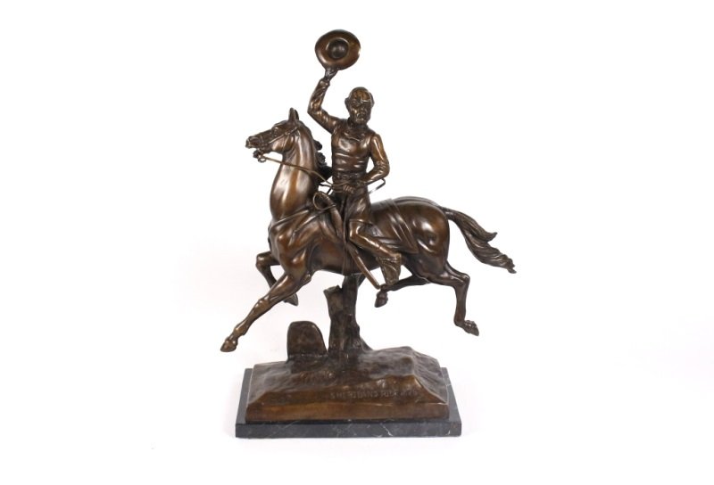 After James Kelly, "Sheridan's Ride" Bronze: After James Kelly (American, 1855-1933), "Sheridan's Ride", patinated cast bronze sculpture, unsigned. Figural sculpture depicting Gen. Philip Henry Sheridan riding on horseback and waving his hat on