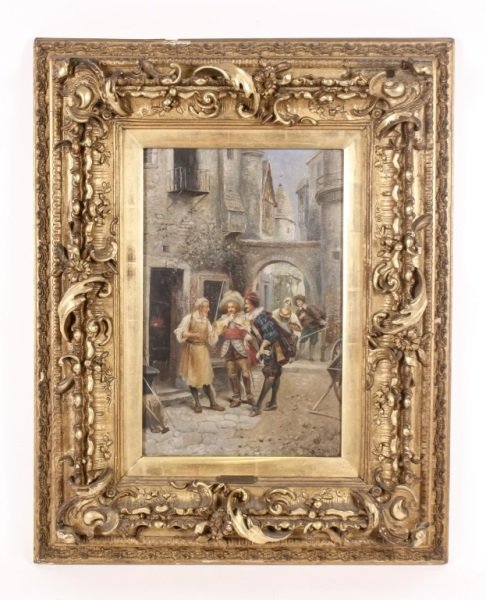 "At The Sword Cutter", Oil on Wood Panel: Continental School, 20th Century. "Old Paris, At the Sword Cutter", oil on wood board. Painting depicts figures in 18th century dress in a stone courtyard, one of who is a sword cutter that is present