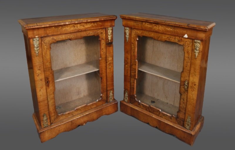 Pair of Italian Marquetry & Ormolu Vitrines: Italian, 19th C. Match pair of Italian walnut, marquetry inlaid and ormolu mounted vitrines or display cabinets, the rectangular molded top over a foliate inlaid frieze above a single shaped glazed an