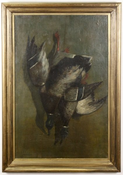 19th C. German, Nature Morte Ducks, Oil on Canvas: German School, 19th century. "Nature Morte: Pair of Ducks", oil on canvas, signed lower left "L.O. Kurz, Munchen, 1882". Painting presents a trompe l'eoil depiction of a pair of dead ducks on a dark g