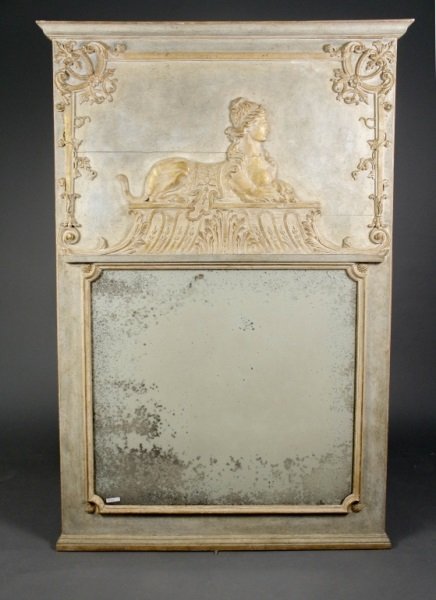Italian Gilt Accented Trumeau Mirror w/Sphinx: Italian, 20th century. Trumeau mirror in light blue to green painted finish with gilt accents throughout, with cornice form top above rectangular recessed panel with resting female sphinx on gadrooned