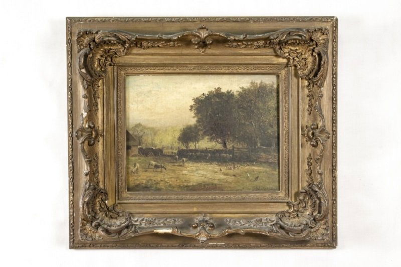 J.B. Sword, American Farmyard Scene Oil, 19th C.: James Brade Sword (American/ Pennsylvania, 1839-1915). "In The Barnyard", oil on canvas laid down on wood board, signed lower right "J.B. Sword". Painting depicts in tonalities of green a serene farm