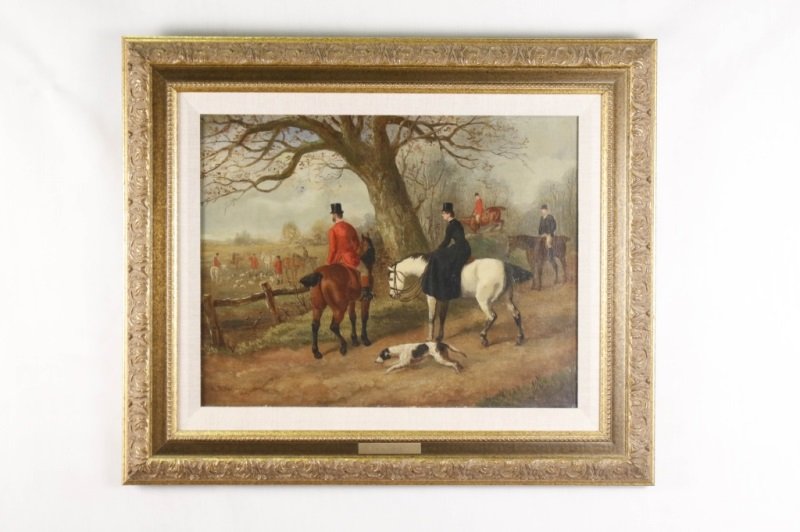 E.B. Herberte, Fox Hunting Scene, Oil, c. 1880: Edward Benjamin Herberte (1857-1893). "Readying For the Fox Hunt" - 1880, oil on canvas, signed and dated lower left "E.B. Herbert". Painting depicts a group of four distinguished Englishmen on horseb