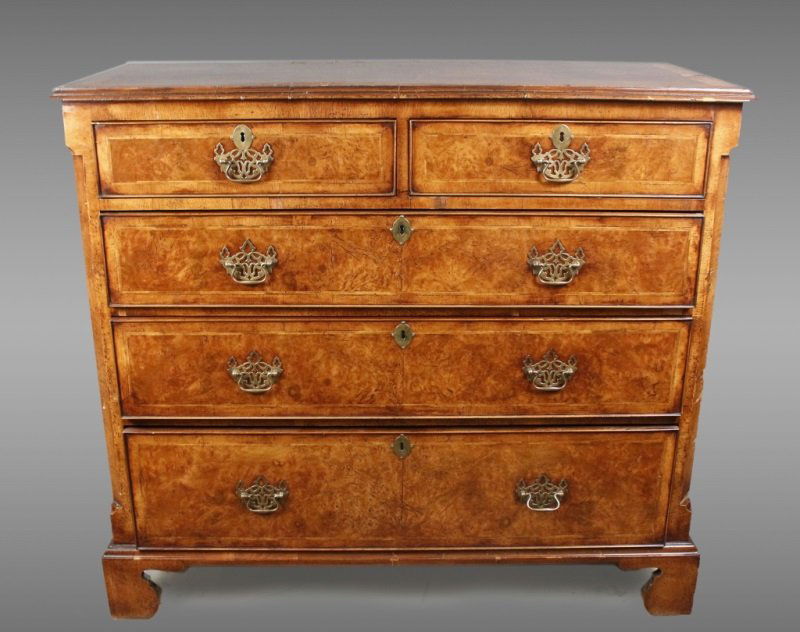 English Georgian Burled Walnut 5-Drawer Chest: English, 19th C and later. English Georgian burl walnut & walnut chest of drawers, the top featherbanded with molded edge over two short over three graduated drawers, beaded and featherbanded on brack