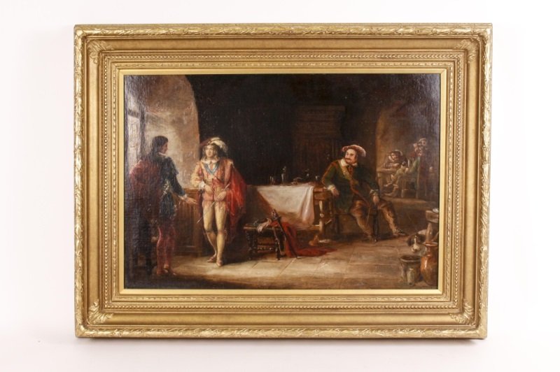 19th Century, "Figures in A Tavern", Oil on Canvas: English, 19th century. "Figures in a Tavern", oil on canvas, signed lower right "W.M. Hay". Painting depicts an 18th century scene of male courtly figures in a tavern, two leaning against a wall by an