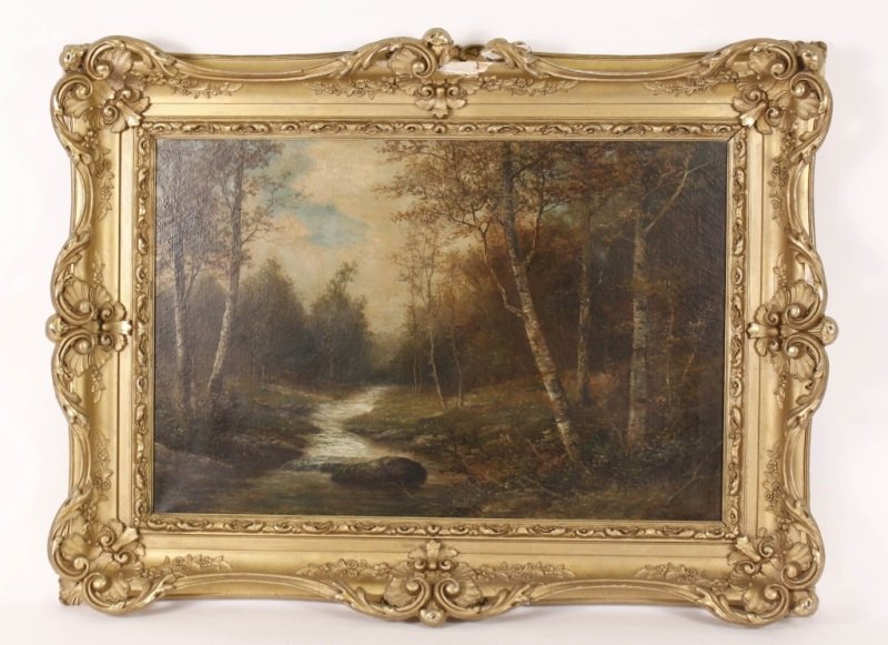 "Creek At Autumn", Continental Oil on Canvas: Continental School, 20th century. "Creek at Autumn", oil on canvas, indistinguishable signed lower right. Painting depicts a meandering rocky creek flowing down the middle of an autumn scene, surround