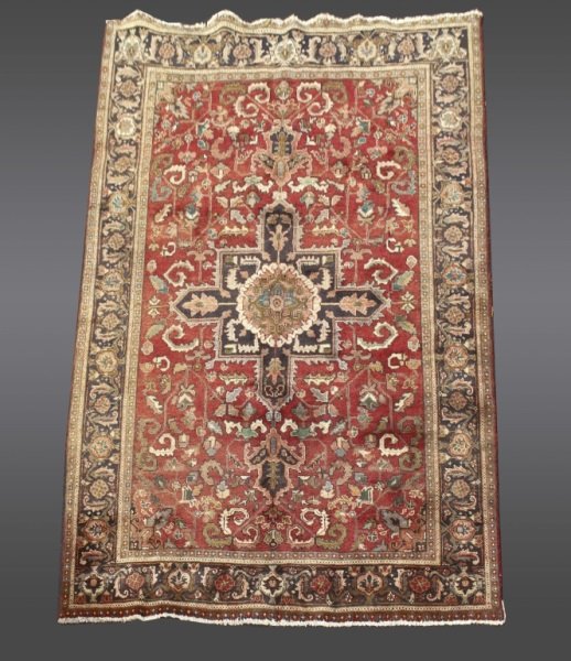 Hand Woven Persian Altar Rug: Wool. Thick pile. Floral on burgundy field w/ green, rose, gold, cream and brown accent colors. Measures approximately 7' 3" x 10'.