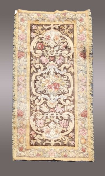 Hand Made French Aubusson Style Tapestry Rug: Hand made French Aubusson Style tapestry rug with vertical floral design on brown field with gold, green, and rose accent colors. Overall measures approximately 26 1/2" x 57".