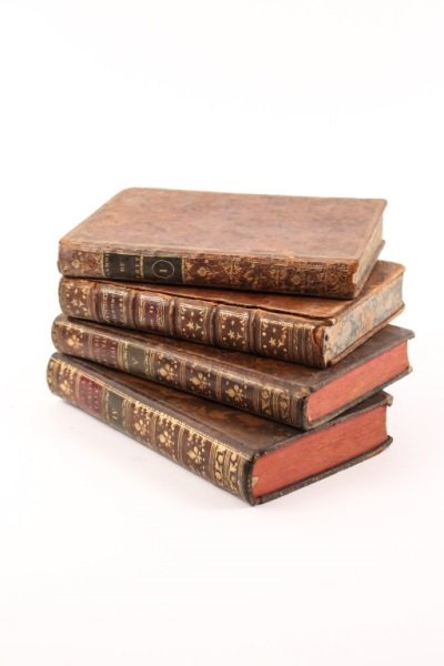 Group of 4 French Leather Bound Books: A group of four French leather bound books comprising of "Memoires Chronologiques et Dogmatiques, Tome Second" published in Nismes by Pierre Beaume in 1781; "Memoires du Baron de Tott, Sur Les Turcs e