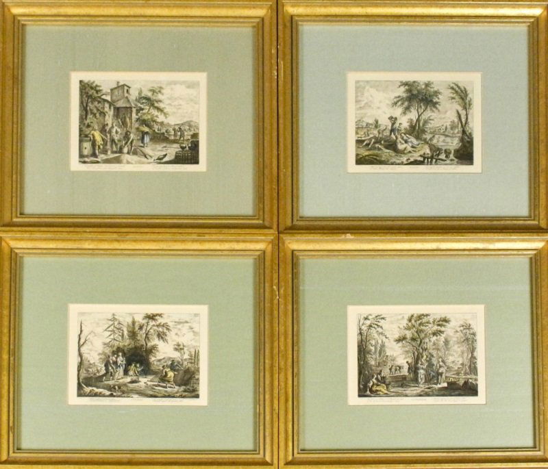 After Bartolozzi, Hand Colored Genre Engravings: Continental, late 19th/ early 20th century. A collection of four hand colored engravings after those done by Francesco Bartolozzi (Italian, 1727-1815) after the paintings by Giuseppe Zocchi (Italian,