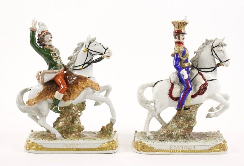 2 Sitzendorf Porcelain Military Figures on Horses: Group of two Sitzendorf Napoleonic military figures on horseback comprising of Marshal of France and Grand Admiral or Admiral of France Joachim-Napoléon Murat (French, 1767-1815); and Prince Józef A