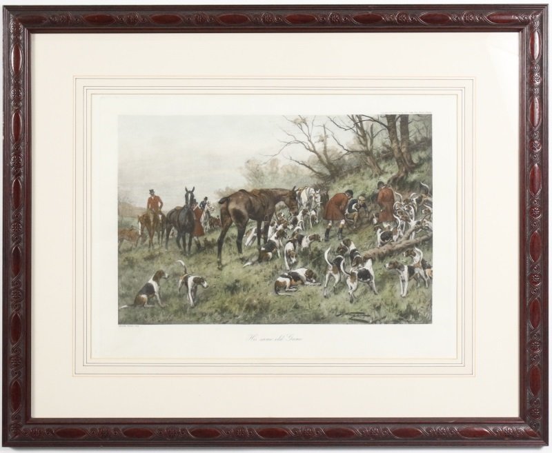 Colored Print Hunt Scene "His Same Old Game": After George Wright (British, 1860-1942). "His Same Old Game", lithograph, published in 1909 by E.W. Savory Ltd. Print depicting a large British hunting party in red jackets in the English countryside