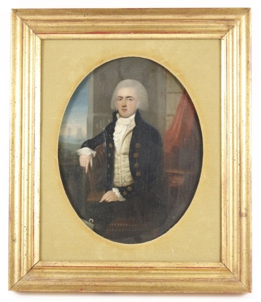 19th C. English, "Portrait of A Stately Gentleman": English School, 19th century. "Portrait of a Stately Gentleman", oil on wood panel, apparently unsigned. Painting depicts a seated male in gray wig beside an open window revealing two tall ships at se