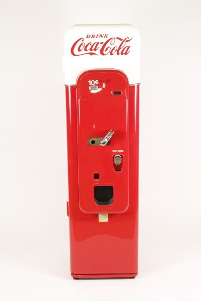 Restored 1956 Vendo 44 Coca Cola 10 cent Machine: Fully restored 1956 Vendo VMC 44 Coca-Cola vending machine restored by Terry Kimble, Kimble Concepts, #000168. The petite vending machine holds about 44 small Coca Cola bottles with cooler fits anywhe