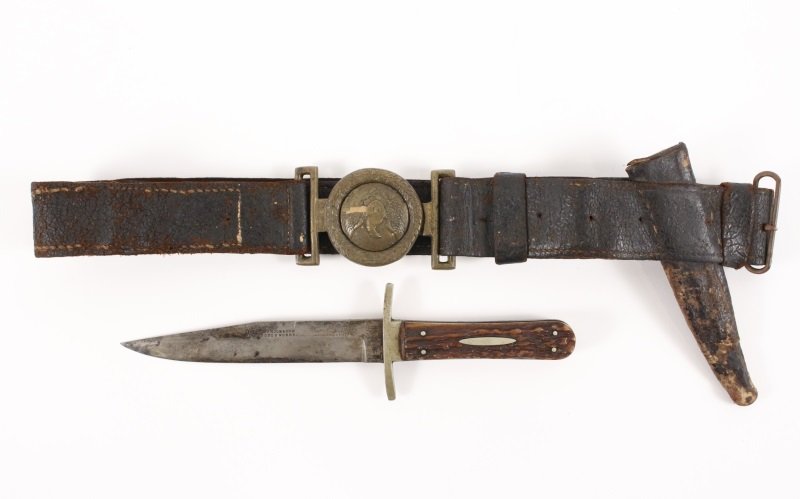 Confederate Bowie Knife w/ Leathers & Cast Buckle: Confederate bowie knife with leathers & sand cast buckle carried by Florida infantry John Heratio Goodson who served with the 5th Florida infantry (Compendium of the Confederate Armies; Florida and Ar