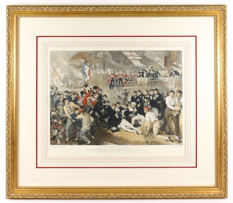 1811 Engraving, "Death of Lord Viscount Nelson": Engraved by James Heath (English, 1757-1834) after the painting by Benjamin West (English, 1738-1820). "The Death of Lord Viscount Nelson", colored engraving, published 1811 in London, England. Engrav