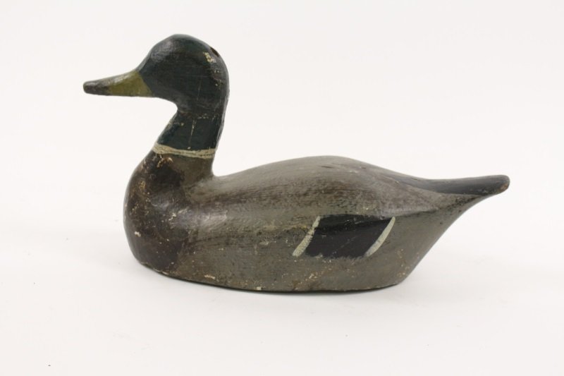1930's Gray & Black Drake Decoy by Seth Barry: American, circa 1930's. Polychrome gray with black carved drake decoy, white ring around neck, black tail. Wood is impressed on bottom 'Blamey' and taped label on bottom identifying decoy as mallard d