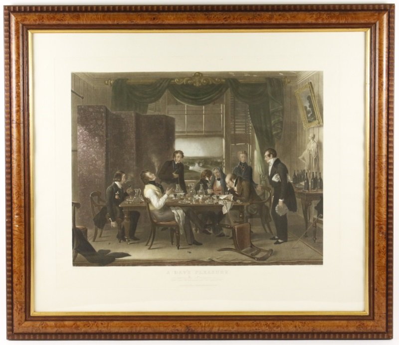 1842 British Colored Engraving, "A Day's Pleasure": Engraved by James Scott (British, 1809-1899) after the painting by Edward Prentis (British, 1797-1854), "A Day's Pleasure", hand colored engraving, published in 1842 by Tilt and Boge in London. Engrav