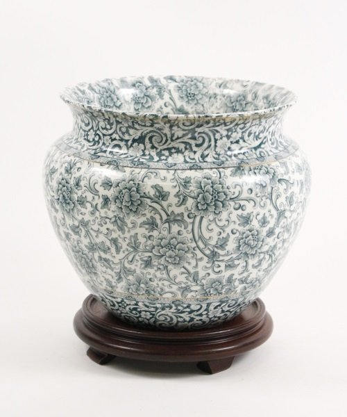 Maddock's Lamberton Works Porcelain Jardiniere: American, Late19th Century. Maddock's Lamberton Works, Royal Porcelain transferware spittoon or jardiniere planter vase with wide flared rim with gilt accent on rim, exterior with greenish blue peony,