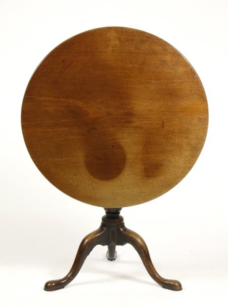 Round Mahogany Flip Top Table, 19th C.: 19th century. Flip top table with circular top supported on a turned baluster form shaft above a tripod base terminating on three Queen Anne pad feet. Approximate height 27.5", diameter of top 31.5".