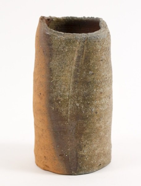 Japanese Bizen Hanaire/ Ceremonial Flower Vase: Japanese, likely Edo period (1603-1868). A Bizen ware hanaire, a flower vase used in the traditional Japanese tea ceremony, flattened on front with an impressed organically shaped line, with a metal r