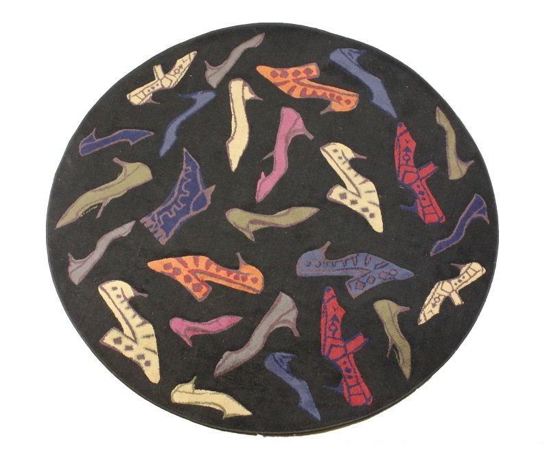 Andy Warhol Contemporary Area Rug (6' diameter): Andy Warholic Home Collection Area Rug. Round. Black Field with multiple shoe motif decoration. _x000D_ Measures approximately 6'in diameter.