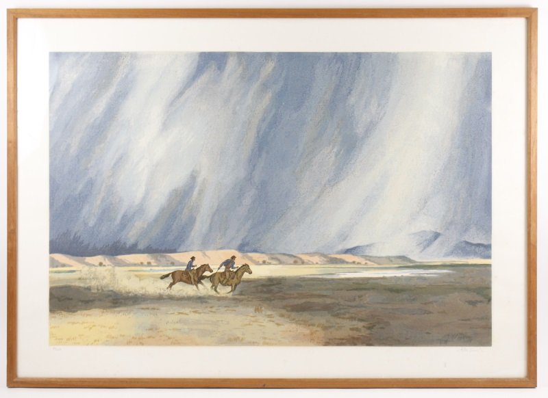 Peter Hurd, "Running Before the Storm, Serigraph: Peter Hurd (American (New Mexico & Pennsylvania),1904-1984), "Running Before the Storm", color serigraph, pencil signed lower right margin, limited edition numbered in pencil lower left margin "80/250