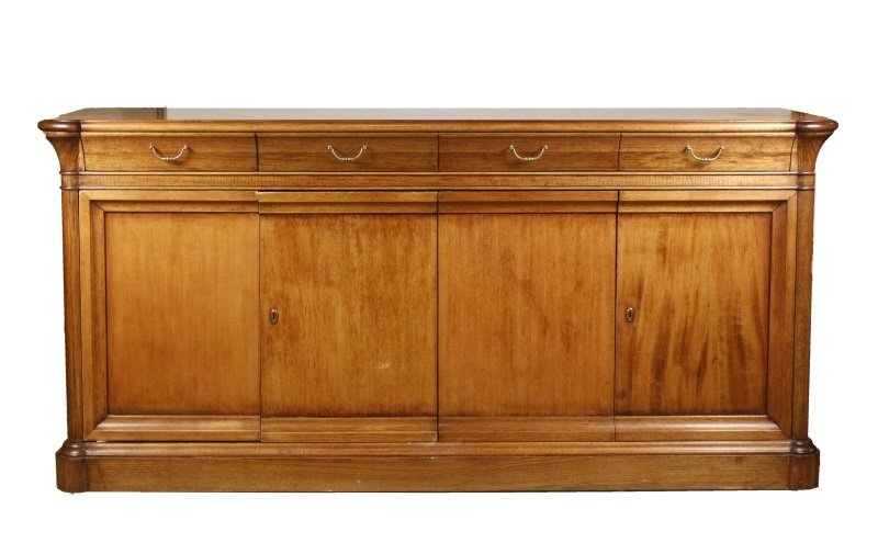 20th C. Fruitwood Four Drawer Sideboard: Continental, 20th century. Fruitwood sideboard with rectangular molded top and rounded corners over 4 ogee frieze drawers over four doors with shelved interior on plinth base. Height 37.5", width 78",