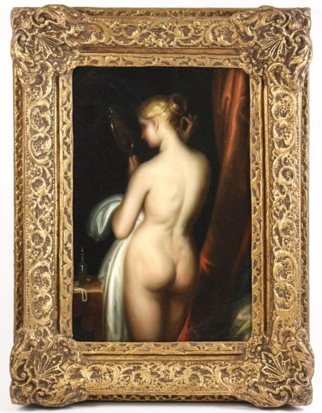 1894 Oil, "Female Nude With Looking Glass", Signed: Continental School, late 19th century. "Female Nude With Looking Glass" - 1894, oil on canvas, signed and dated lower right "Emilie Cheuss (possibly Gheuss). Painting depicts a young beauty with blond