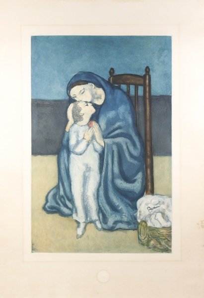 Villon After Picasso, "Maternite" Limited Ed Print: Jacques Villon (French, 1875-1963) ), After Pablo Picasso (Spanish, 1881-1973), "MaternitÃ©"-1930, color etching with aquatint on wove paper, from an edition of 200 (Ginestet & Pouillon, 670), unsig