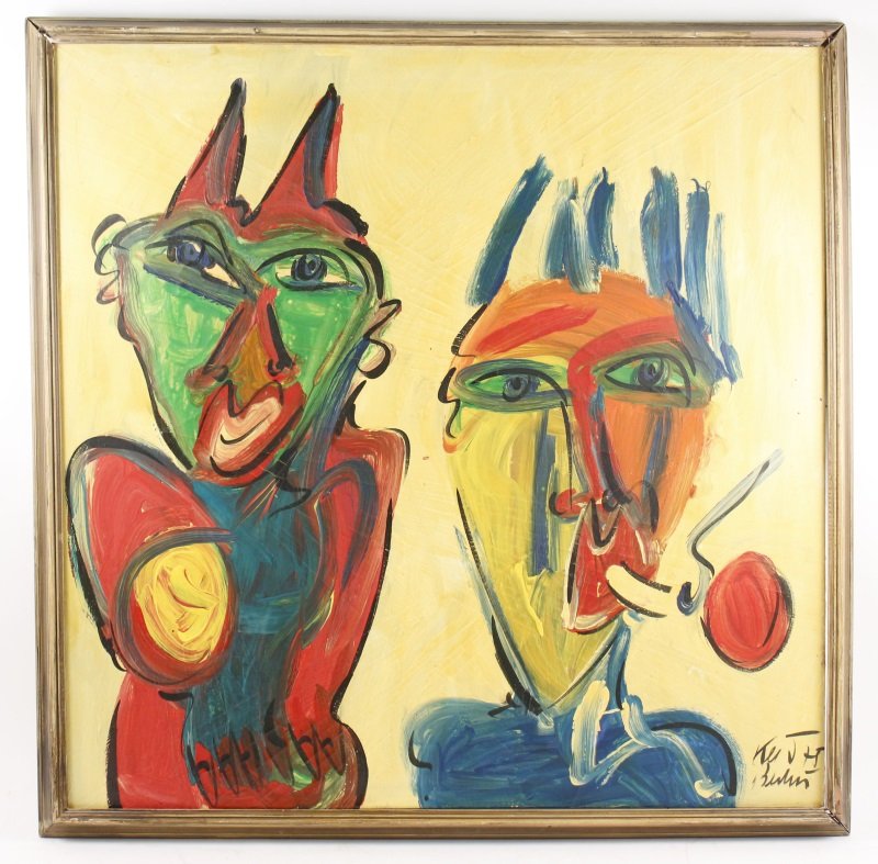 Peter Robert Keil "Salome und Fetting in New York": Peter Robert Keil (German/American, b. 1942-), "Salome und Fetting in New York"-1975, acrylic on canvas, signed and dated lower right corner, inscribed on verso with title and signature. Abstract brig
