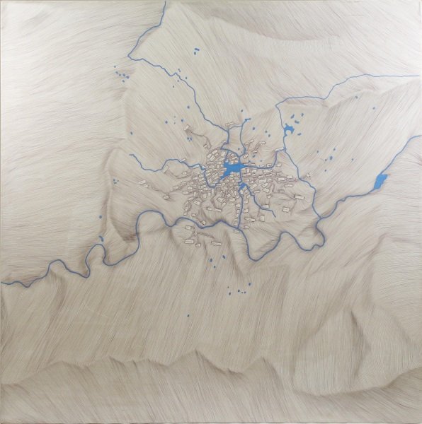 Guy Hindley Contemp. Mixed Media, Map w/Rivers: Guy Hindley (English, Contemporary), "Untitled", mixed media on canvas, apparently unsigned. Contemporary artwork depicting a geographical map with radiating blue water in the form of rivers with appl