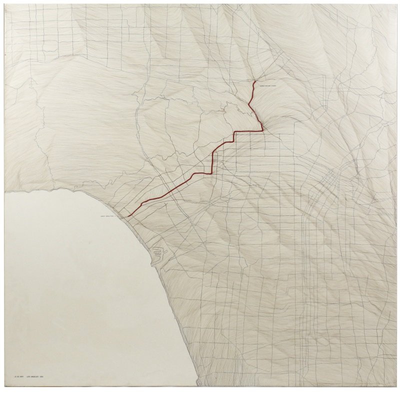 Guy Hindley Contemporary Mixed Media, Map of LA: Guy Hindley (English, Contemporary), "Los Angeles USA"-2001, mixed media on paper laid on canvas, . Contemporary artwork depicting a geographical map rendering of America's West Coast with view of Los