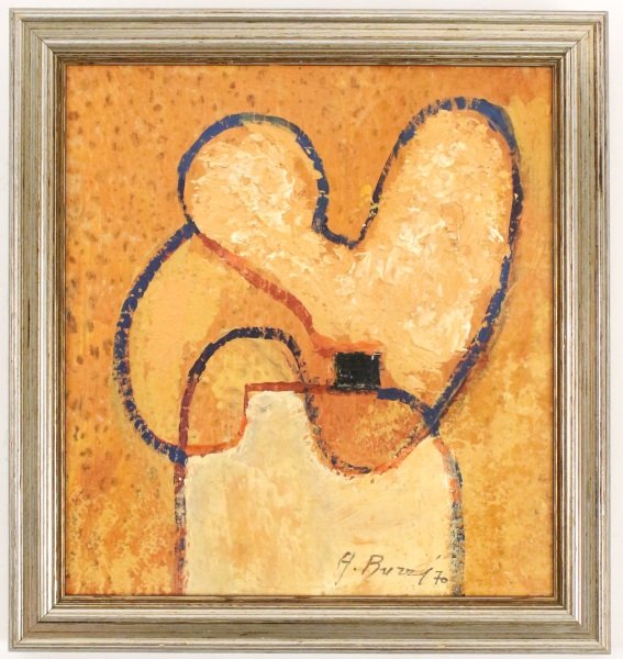 Alberto Burri Abstract Painting, Signed & Dated: Alberto Burri (Italian, 1915-1995), "Untitled"-1970, acrylic on artist board, signed and dated lower right. Small modern abstract composition in orange hues with undulating forms with blue border entw