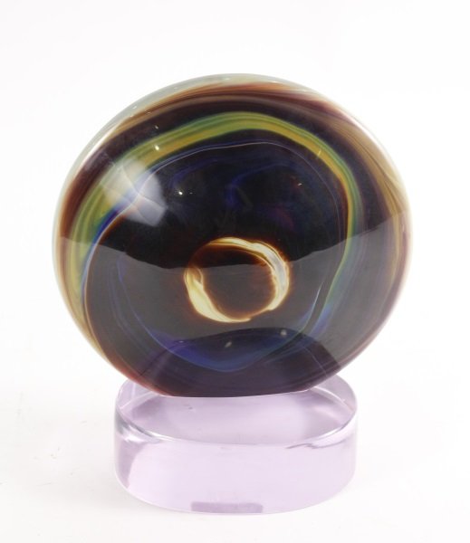 Dino Rosin Murano Calcedonia Art Glass Sculpture: Italian, 20th century. Dino Rosin (Italian, b. 1948) clear and multi colored spherical form calcedonia (silver nitrate & crystal clear glass) sculpture with circular orb or eye in the center. Resting 