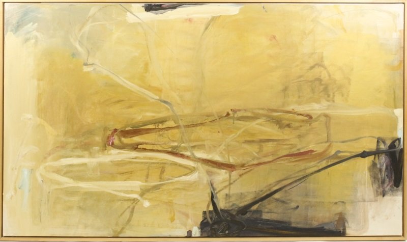 Large Tom Lieber Abstract Painting, Signed: Tom Alan Lieber (American (California), b. 1949- ), "Untitled (Abstract Composition)"-2001, signed and dated on verso. Large abstract composition in yellow, blue, red, black and white with fluid lines