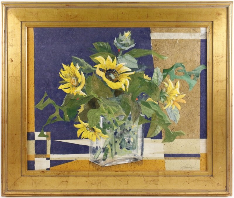 Nathan Balch, "Sunflowers", Mixed Media on Canvas: Nathan Balch (American, 20th century), "Sunflowers", mixed media on canvas, signed lower left. Modern artwork depicting a rectangular glass vase full of vibrant yellow orange sunflowers with large gre