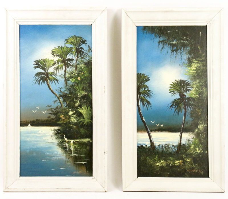 Pair of W. Daniels Paintings, Florida Highwaymen: Pair of Willie Daniels (American, 20th century) Florida coast landscape paintings on artist board, likely of Fort Pierce, Florida at dusk or twilight. Each with three white flying birds above horizon