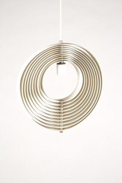 Mid Century Modern White Pendant Lamp Fixture: Mid 20th century, likely Scandinavian. Hanging light or lamp fixture of circular form with ten nesting white aluminum strips in rounded form that adjust to varying angles for three dimension sculptura