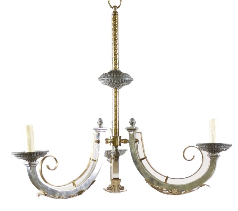 French Neoclassical 3 Arm Chandelier, 20th C.: French, 20th century. Stainless steel and brass three light hanging chandelier light fixture with twisted tubular brass shaft with leaf tip decorated accent in silvertone above three curved arms in Ne
