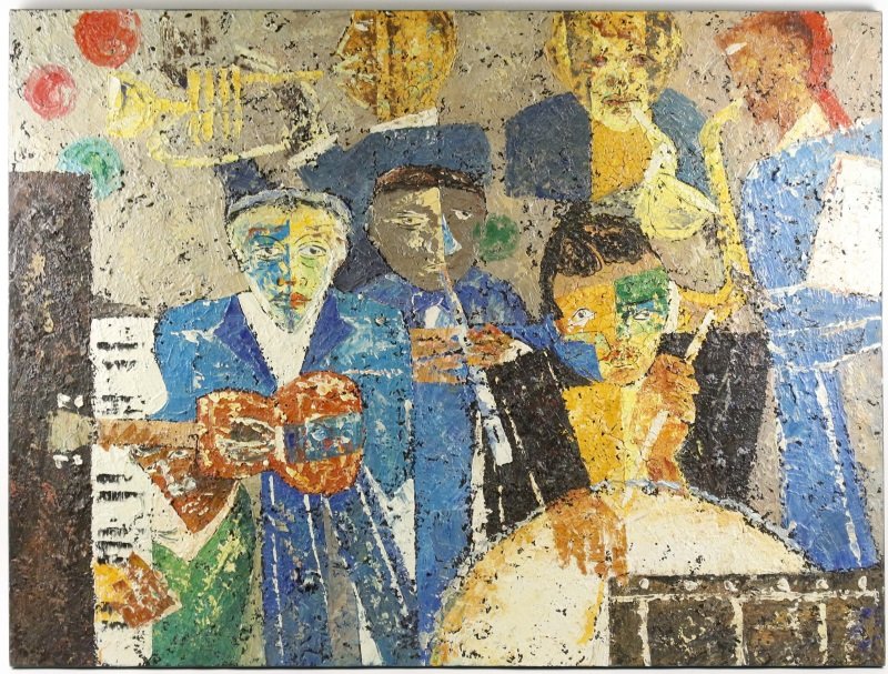 Highly Textured Painting of a Band, 20th C.: 20th century. Highly textured figural painting on canvas depicting a dynamic and brightly colored scene with a seven piece jazz band including a piano player, a guitar player, a flutist, three brass p