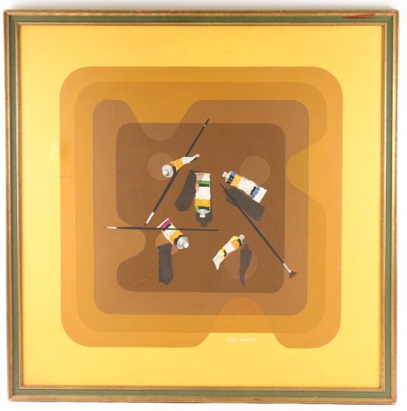 Nathan Wright, Acrylic Painting of Paint Tubes: Nathan Wright (American, 20th century), "Paint Tubes on Palettes"-1972, acrylic on canvas, signed and dated lower center. Modern trompe l'oeil style with five used paint tubes at center with three bla