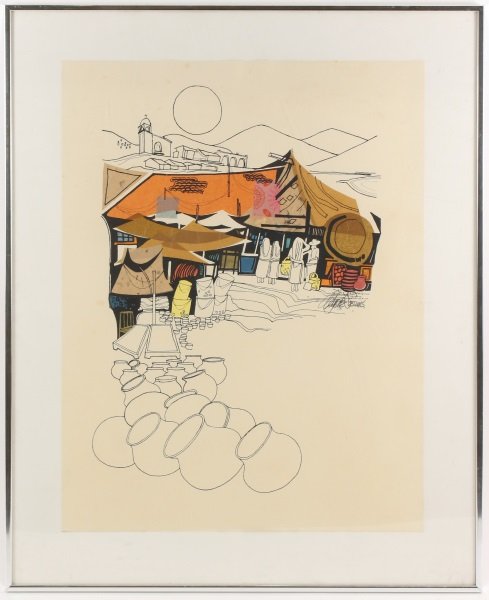 Wayne Sessions, "Mexican Market", Mixed Media: Wayne Sessions (American/ California, 1924-1984). "Mexican Market", mixed media and collage on paper, signed center right Wayne Sessions L-26". Painting depicts a tented village market scene, the colo