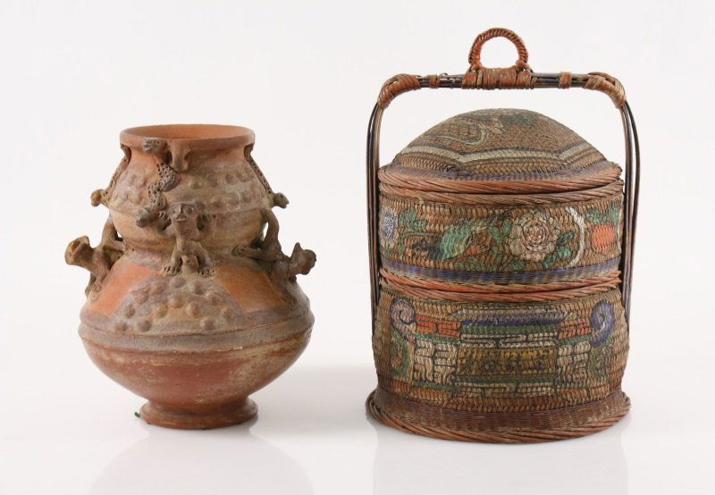 Pre-Columbian Pottery Vessel with Woven Basket: A pre-columbian pottery vessel, possibly from the Colima culture, of red clay in double gourd form with applied snakes to neck and applied leopards to shoulder, with raised dot and polychrome geometri
