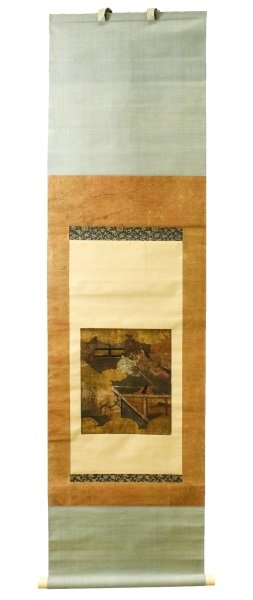 Japanese Edo Period Figural Scroll Painting: Japanese, Edo Period (1603-1868). Early Edo period figural scroll painting depicting an aerial view of three figures (two women and one man) in an interior with stylized gilt clouds, gilt accented scr