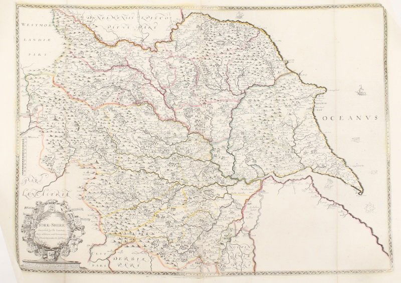 Saxton & Lea Map of York-shire, England, c.1720/32: Christopher Saxton (English, c.1540-c.1610) and Philip Lea (English, d.1700). "York-Shire" - c.1720 or 1732 reissue by George Willdey, hand colored cartographical engraving. Map with cartouche to lowe