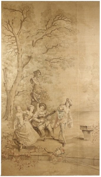 Louis XVI Style Aubusson Tapestry Panel: French Louis XVI style silk screened linen tapestry panel in muted colors depicting figures in a courtyard setting seated beneath a sculpture of Venus de Milo, a male figure playing a stringed instrum
