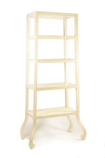 Niermann Weeks Charlus Etagere, Cream & Green: Designer Niermann Weeks (Millersville, MD) "Charlus" etagere with cream and light green lattice motif painted wood structure with four graduated shelves above four square inward scrolled legs. Undersi